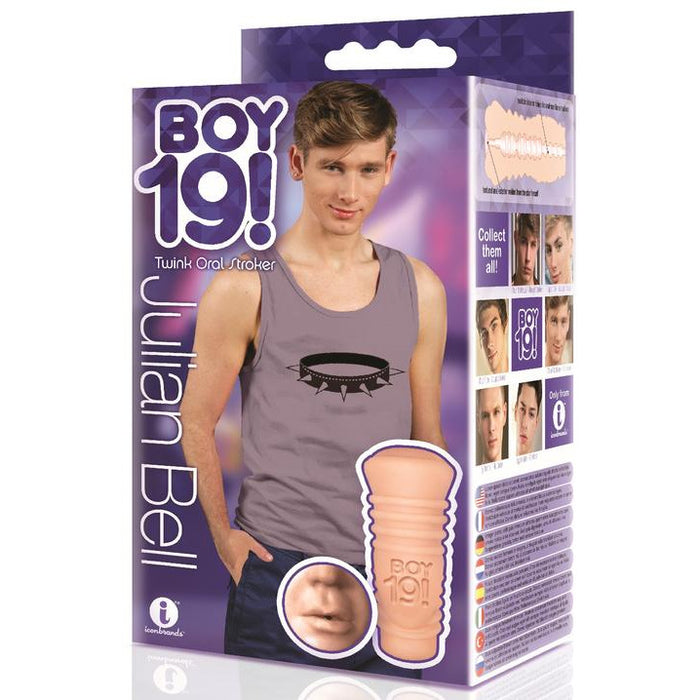 Purple packaging with Julian Bell posed on the front. Male masturbator with mouth opening depicted beside him.