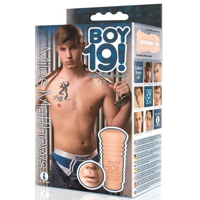 Blue packaging with Miles Mathews posed on the front. Male masturbator with a mouth opening depicted beside him. 