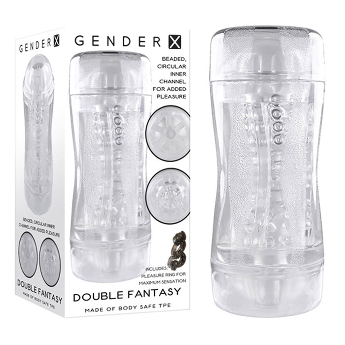 White Gender x package with a clear male masturbator shown beside it. There is a black vibrating cockring on the front of the package.