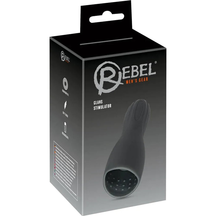 Black and grey packaging with the male stimulator on the front of the packaging. The black stimulator has small round circles inside the shaft.