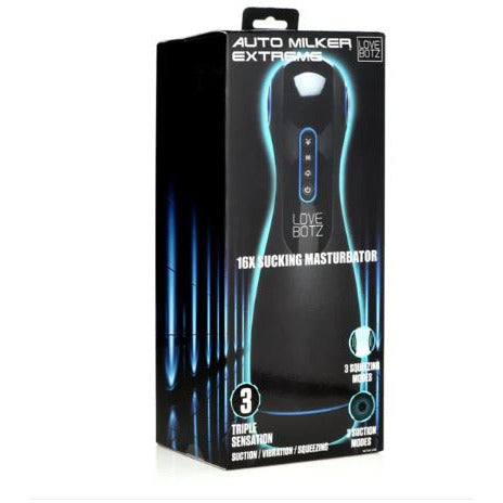 Packaging shows the black shell of the masturbator with four light up buttons on the top.