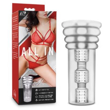 Red and white packaging with a model posing on the front with a red bra and panties on. Next to the box is the clear masturbator with a visible internal structure