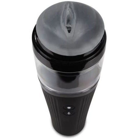 Clear male masturbator with a mouth opening, a black hard shell and a silver plus and minus button on the side 