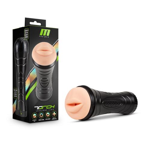 Black and green packaging next to the beige masturbator with a mouth opening and a black hard shell 