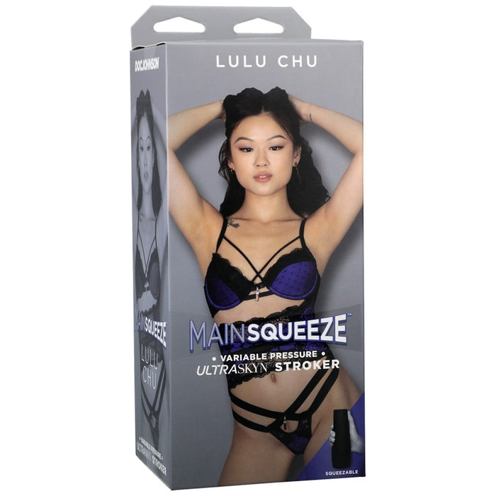 Grey packaging with Lulu Chu posed on the front wearing a black and blue bra and panties 