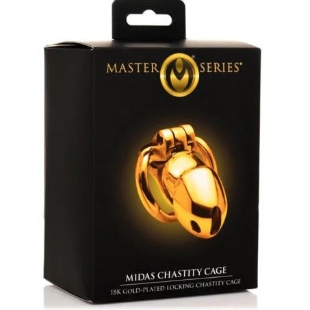 Black packaging with a shiny gold chastity cage on the front 