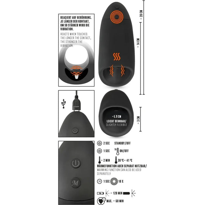 Image shows the black masturbator with a circle opening, two buttons and the charging port 
