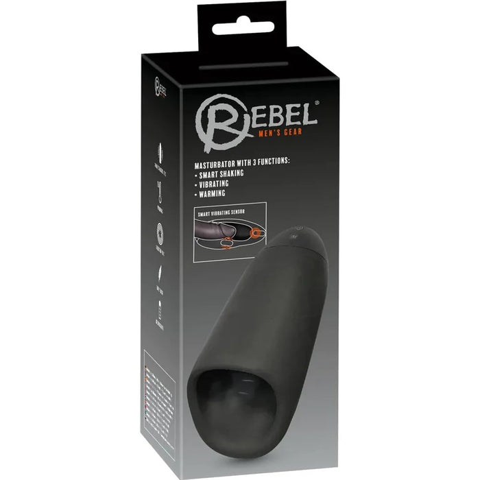 Black and grey packaging with the sleek black masturbator on the front 