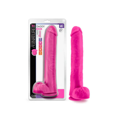 a long pink fully detailed penis shaped dildo with balls and a suction cup, shown next to its plastic packaging