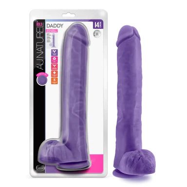 a long purple fully detailed penis shaped dildo with balls and a suction cup, shown next to its plastic packaging