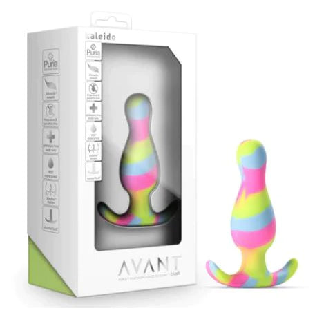 yellow, blue and pink contoured anal plug with a curved base standing next to its white display box