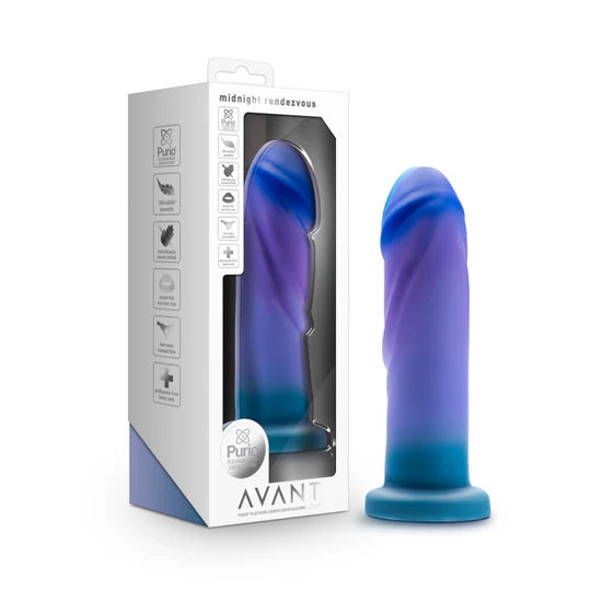 multi colored dildo with ridged and penis shaped head beside box