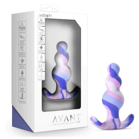 multi colored bubble tapered anal plug with curved base next to its white display box