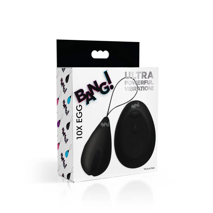black vibrating egg with ridge and remote control on box cover