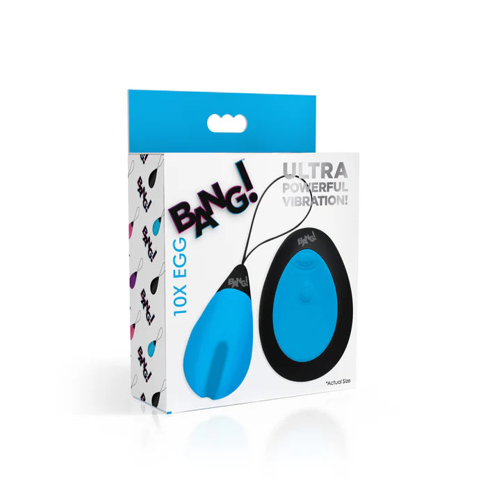 blue vibrating egg with ridge and remote control on box cover
