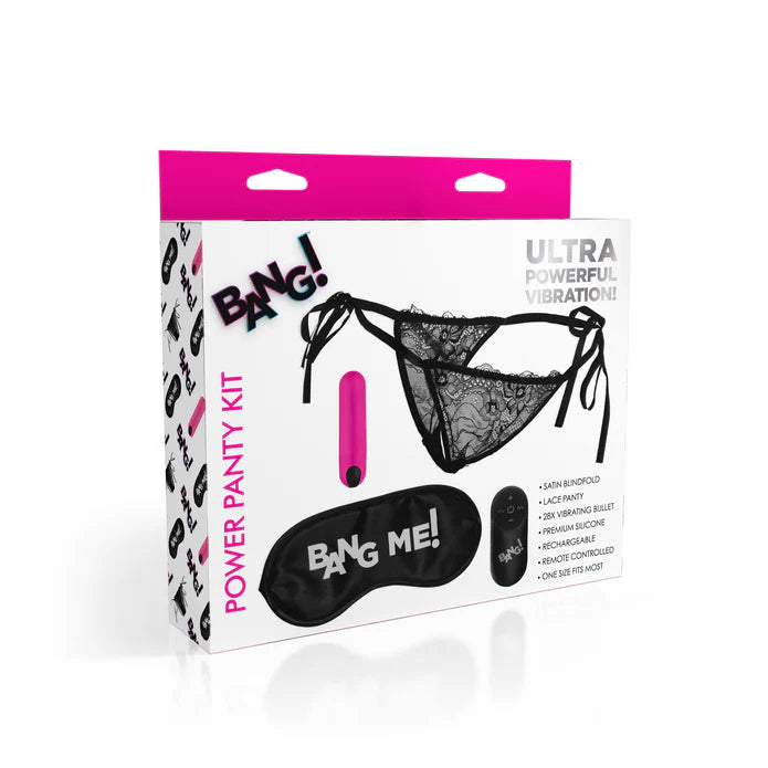 black panty with side ties and vibrating bullet with remote control and blindfold on box cover