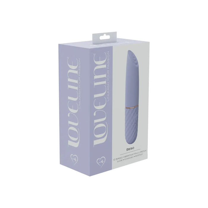 sleeve vibrator with tipped end and ridged handle on box cover purple