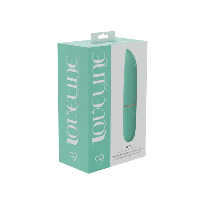 sleeve vibrator with tipped end and ridged handle on box cover  green