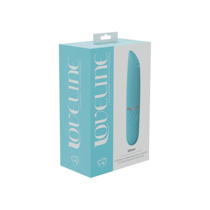 sleeve vibrator with tipped end and ridged handle on box cover  blue