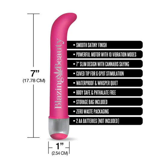 sleek vibrator with curved tip, blazing beauty written on middle with 420 leaf specs