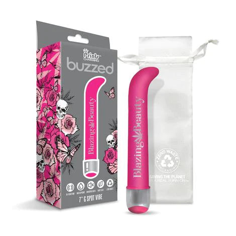 sleek vibrator with curved tip, blazing beauty written on middle with 420 leaf