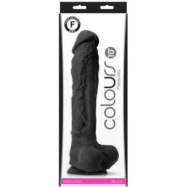 a white and black display box depicting a black detailed penis shaped dildo with balls and a suction cup.