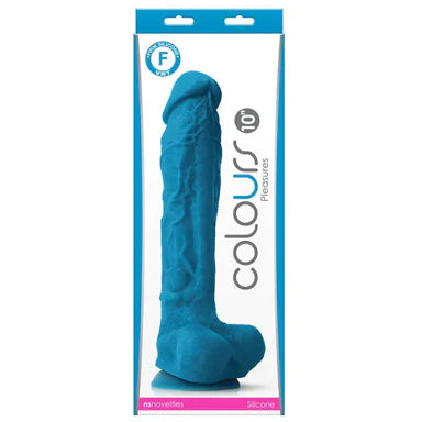 a white and blue display box depicting a blue detailed penis shaped dildo with balls and a suction cup.