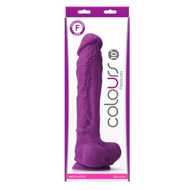 a white and purple display box depicting a purple detailed penis shaped dildo with balls and a suction cup.