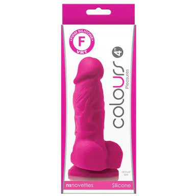 a white and pink display box depicting a pink detailed penis shaped dildo with balls and a suction cup.