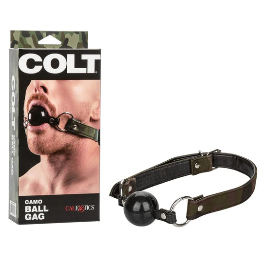 a black ball gag with army green straps next to its black & green display box
