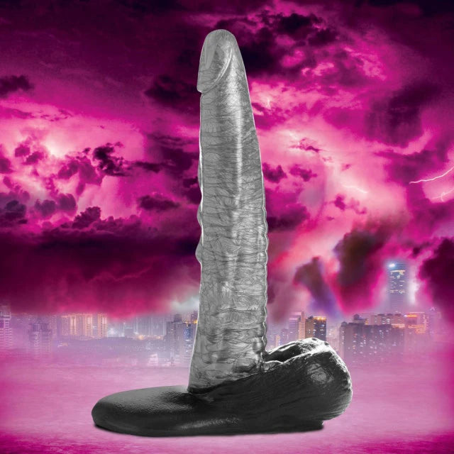grey dildo with black balls in pink city back ground