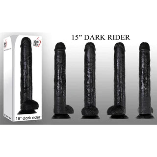 four rotated views of a black detailed penis shaped dildo with balls and a suction cup. Shown next to its white display box