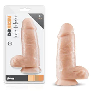 a chubby beige detailed penis shaped dildo with balls and a suction cup, shown next to its plastic packaging