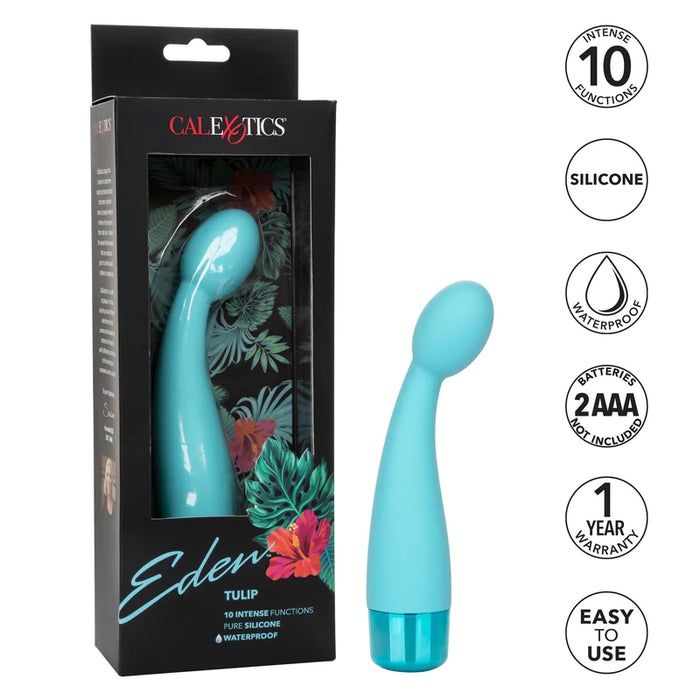 wider base, sliming towards top of vibrator with egg shaped head