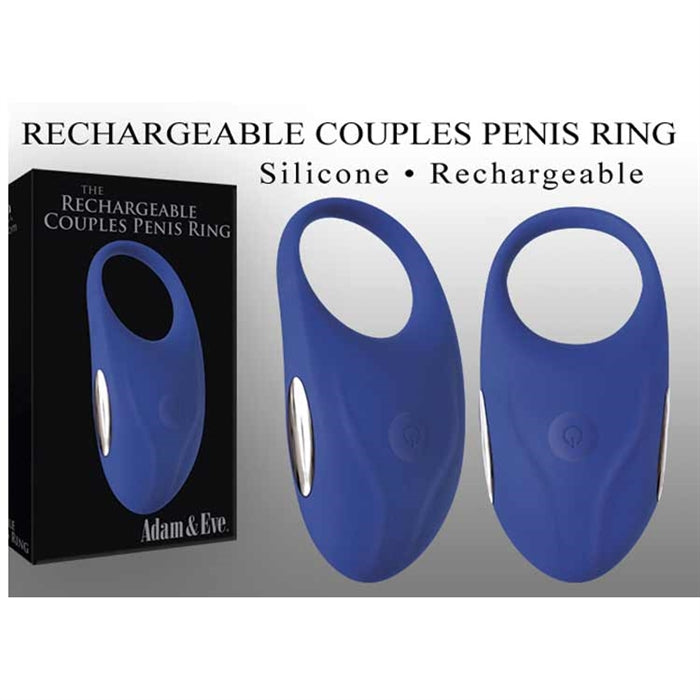 blue silicone rechargeable vibrating couples cock ring next to adam & eve box