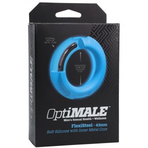 black optimale box with blue soft silicone cock ring with steel core