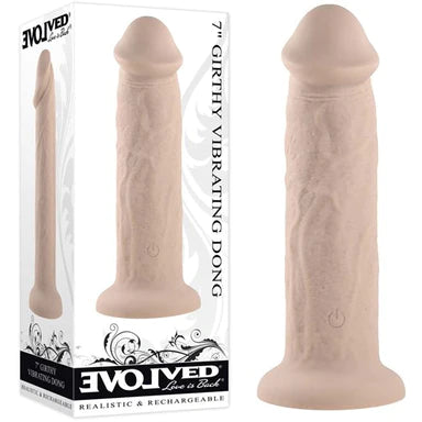 a beige penis shaped dildo with a suction cup base, shown next to its white display box