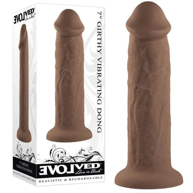 a brown penis shaped dildo with a suction cup base, shown next to its white display box