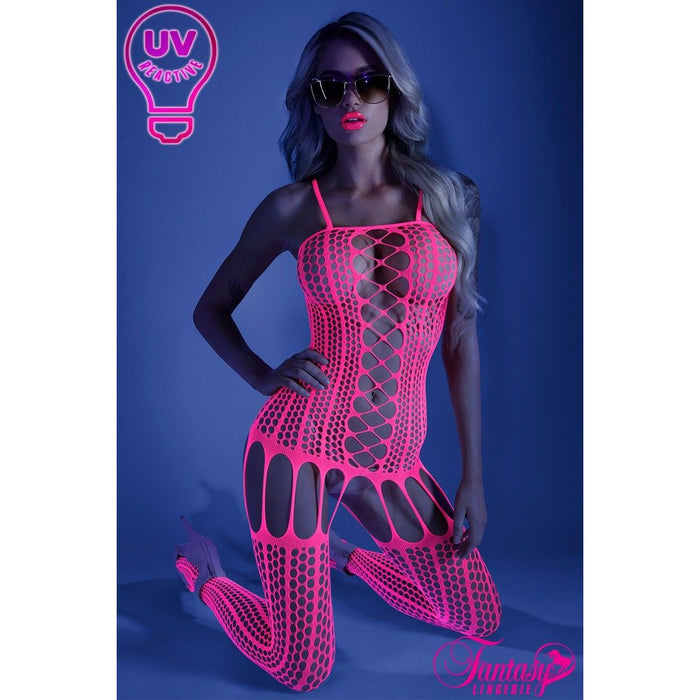 blonde female on knees in pink honeycomb bodystocking front view