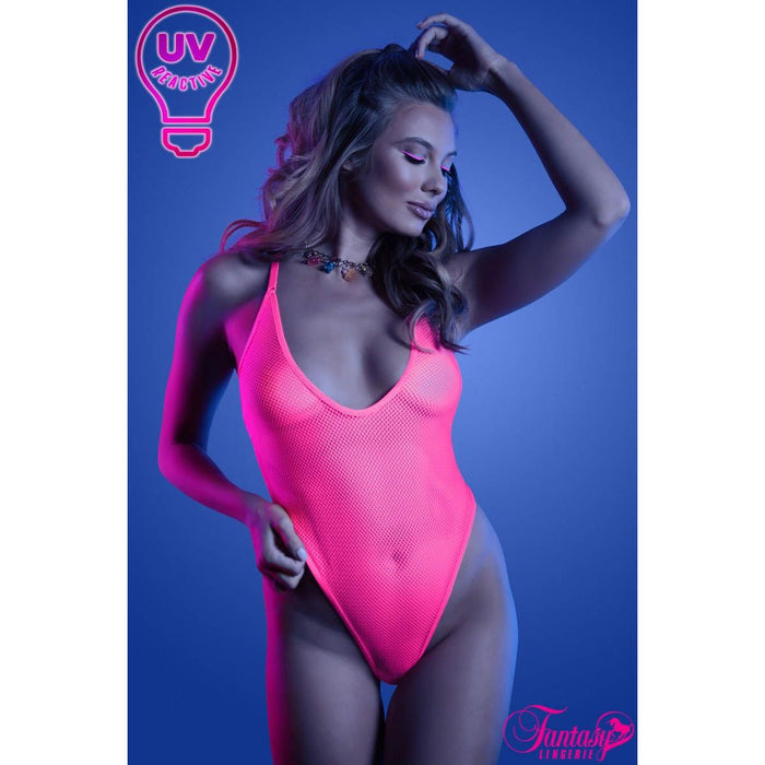 female with pink uv fishnet teddy front view
