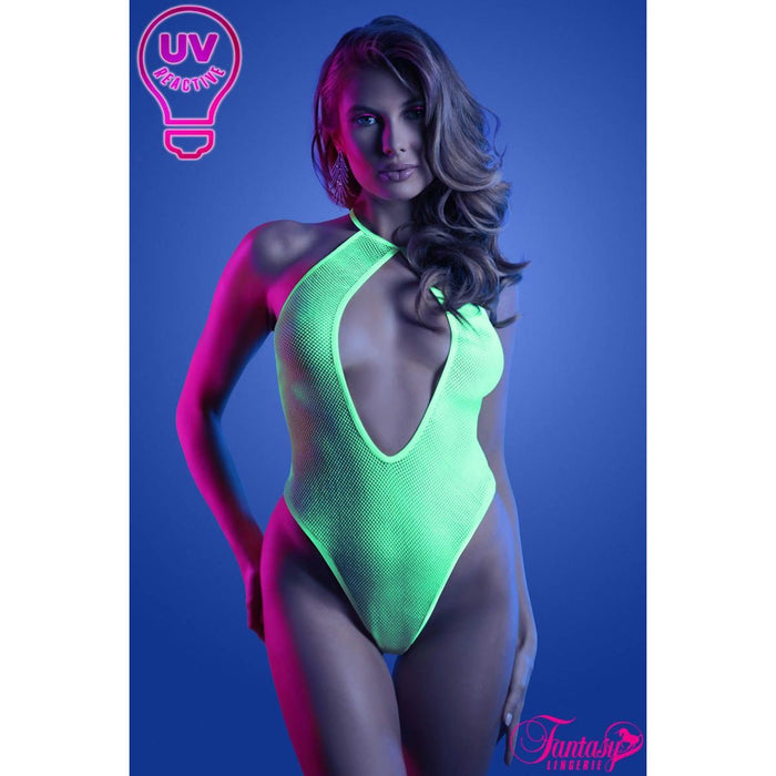 female standing with uv green open v teddy front view
