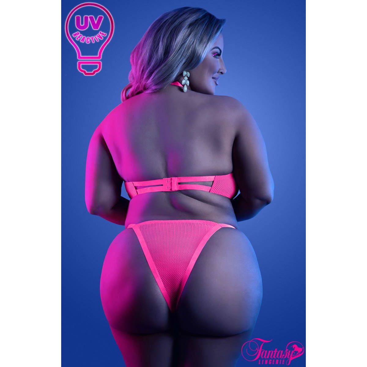 female standing with mesh uv pink bra & panty set back view