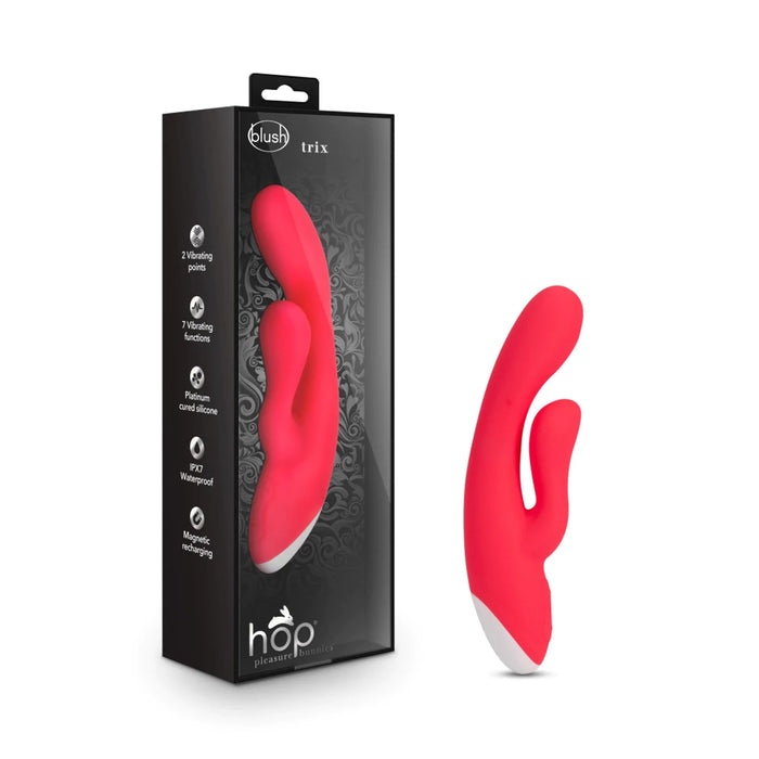 red vibrator with curved tip and clit stim with box