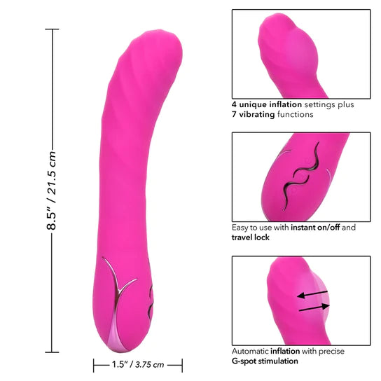 pink vibrator with a curved tip next to close up pictures of the inflated tip and on/off buttons