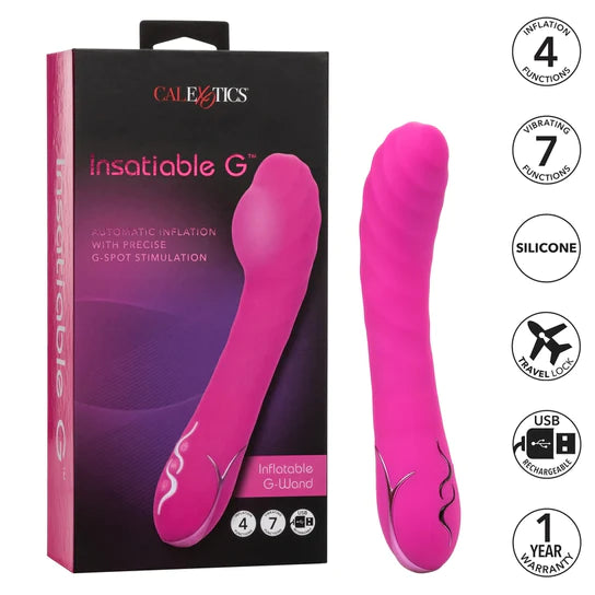 pink vibrator with a curved head next to its black display box