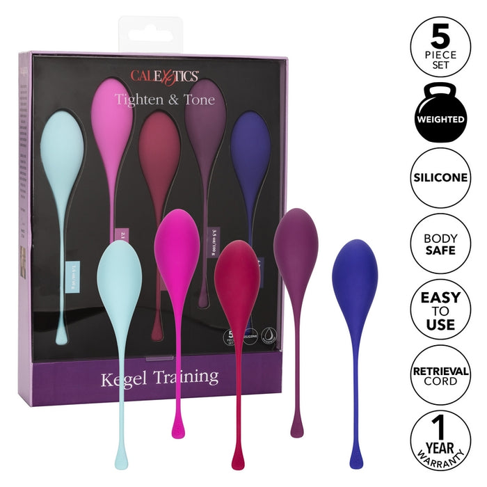 5 piece assorted teardrop kegels with tails next to package
