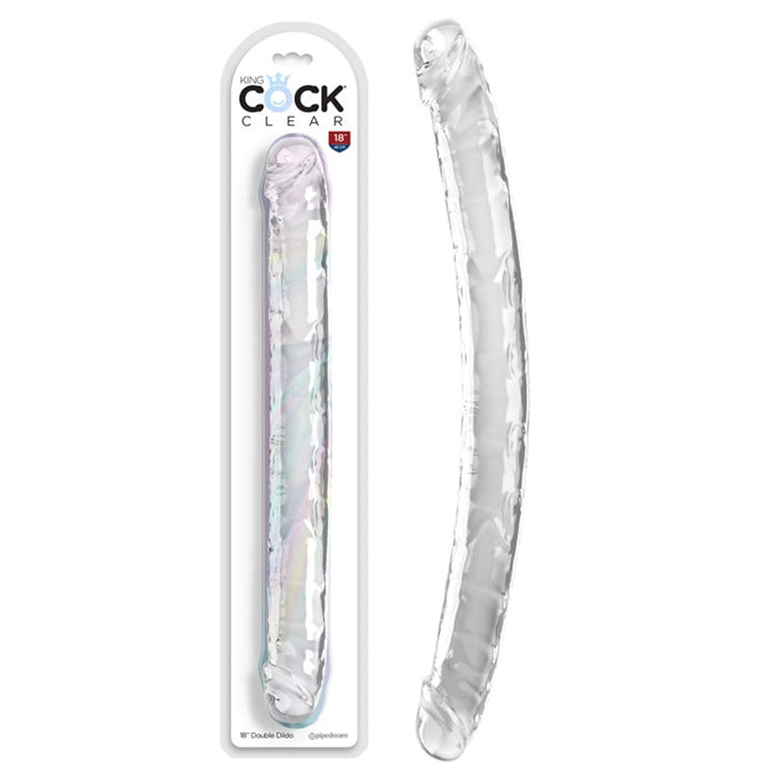 clear double ended dildo with penis heads beside package