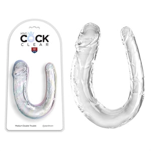 clear double dildo with penis head ends, one end slim the other thicker