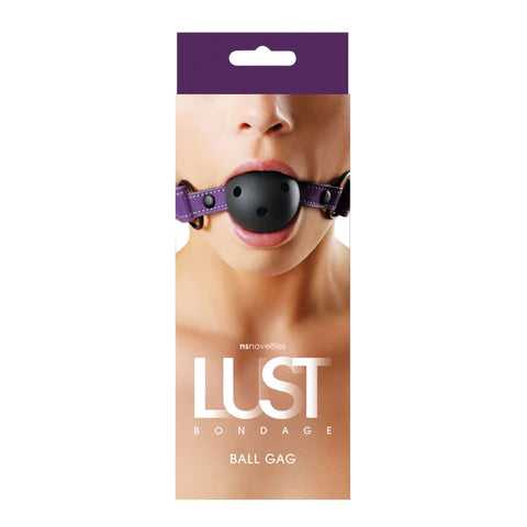 a purple display box depicting a woman wearing a black ball gag with air holes and purple straps