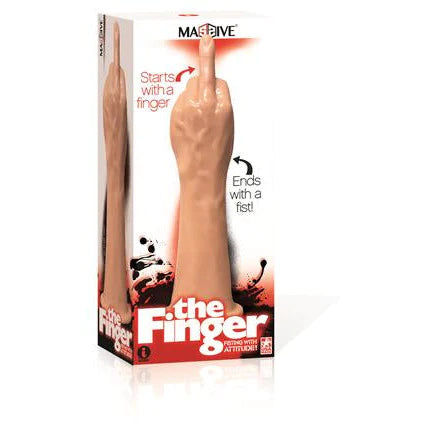 a white display box depicting a dildo in the shape of a life sized wrist and hand with a closed fist and extended middle finger